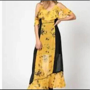 Religion we live in black S yellow‎ black floral maxi dress with OTS sleeves